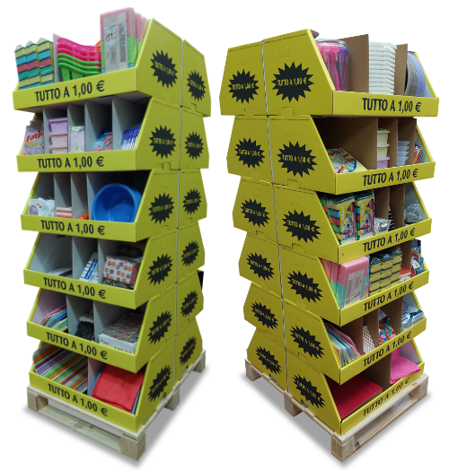 Espositore bifacciale “tutto a 1 euro” con possibilità di reso dell’invenduto, a tema: Casalingo – Bazar – Pulizia Casa – Igiene della persona