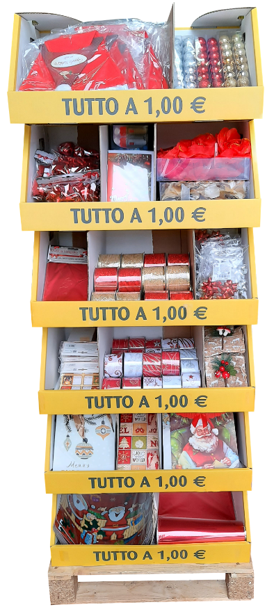 Espositore bifacciale “tutto a 1 euro” con possibilità di reso dell’invenduto, a tema: Natale