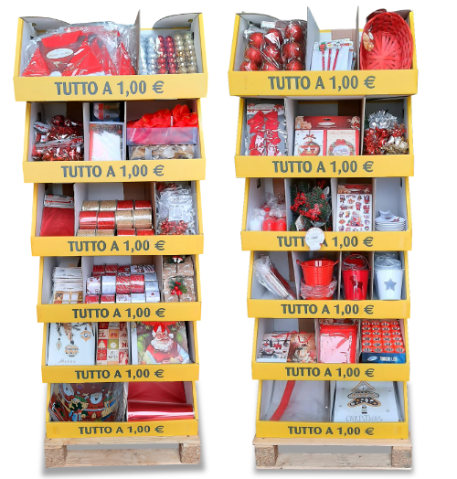 Espositore bifacciale “tutto a 1 euro” con possibilità di reso dell’invenduto, a tema: Natale